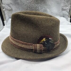 VTG Newport Fedora Hat Womens Medium Brown Merino Wool Felt Feather Trim